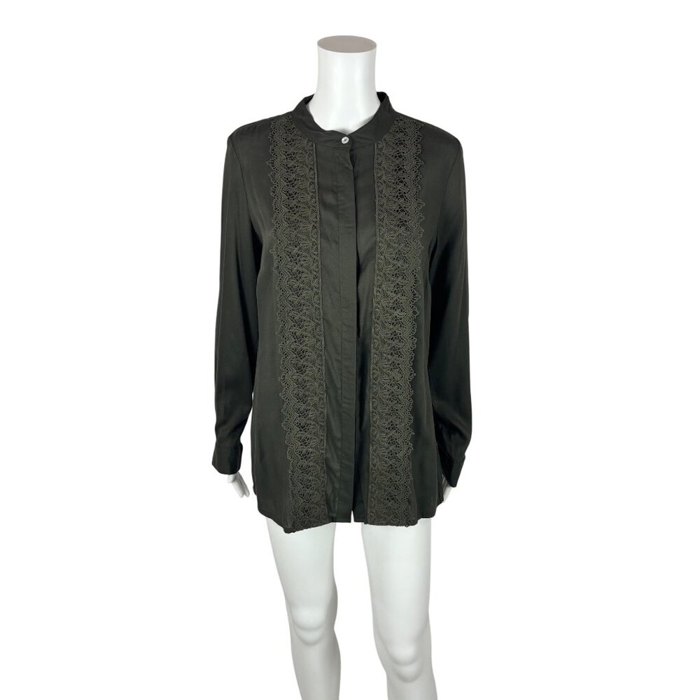 Coldwater Creek Blouse Women's Medium Olive Green Button Up Long Sleeve Lace